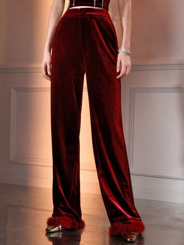 The Great Gatsby x MOTF VELVET SOLID ZIPPER FLY SLANT POCKET FLUFFY HEM BAGGY SUIT PANTS