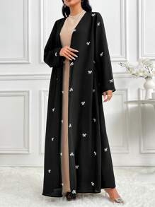 Al Najma Women's Elegant Long Sleeve Butterfly Print Modest Arabian Abaya Robe, For Travel/Holiday/Vacation/Parties - Black and White - View 7