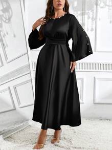 SHEIN Clasi Đầm trang trí đính cườm cổ tròn tay dài thanh lịch cỡ lớn - màu đen - Xem 5