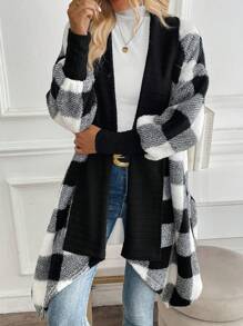 SHEIN LUNE Áo khoác đơn giản thường ngày tay dài trơn chắp vá - Đen và trắng - Xem 6