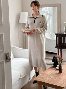 DAZY Women's Embroidered Collar Half-Zip Long Sleeve Knit Sweater Dress