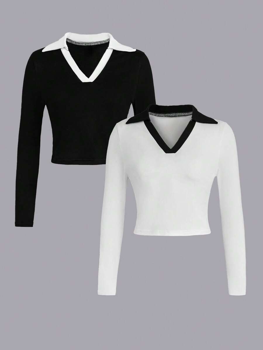 SHEIN LUNE 2 chiếc áo polo tay dài cổ bẻ phối màu tương phản thời trang nữ kiểu dáng thường ngày - Nhiều màu - Xem 1