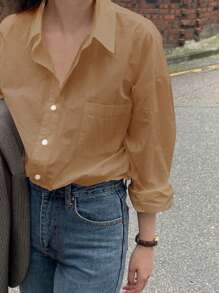 DAZY 女式休闲纽扣口袋纯色衬衫，秋季长袖上衣 - 珊瑚橙 - 查看 2