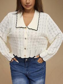 Forever 21 Áo len cardigan dệt kim dài tay khoét lỗ viền tương phản màu be cỡ lớn thời trang dành cho nữ, mùa thu/đông - Màu be - Xem 8