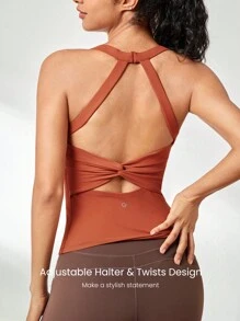 GLOWMODE FeatherFit™ Adjustable Halter Backless Twist Back Tank Top Low Impact Yoga Pilates Daily Removable Cups - Redwood - View 4