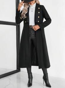 SHEIN LUNE 双排扣女式长款大衣（配腰带） - 黑色 - 查看 4