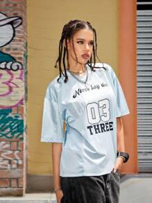 Streetz SHEIN Sport 复古美式学院风数字印花 T 恤 - 藍色 - View 4