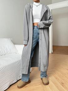 SHEIN EZwear 女士秋季休闲纯色前扣连帽长夹克 - 灰色 - 查看 6
