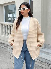 SHEIN Frenchy Abrigo acolchado holgado en tono beige de talla grande, con cierre ajustable con cordón, forro térmico, para invierno - Albaricoque - Ver 3