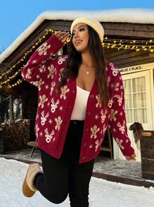 Nubod Christmas Plus Size Gingerbread Man Printed Front Button Casual Cardigan, Winter - Multicolor - View 8