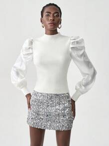 Chiquease Turtleneck Shiny Fabric Balloon Sleeve Form-Fitting Knit Sweater Knit Pullover Fall Winter Outfit