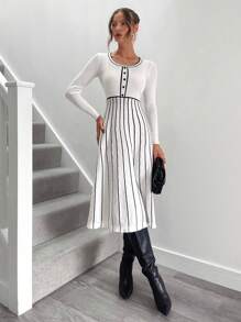 Chiquease 全新复古圆领长袖条纹拼接针织中长款毛衣女装 - 黑與白 - 查看 3