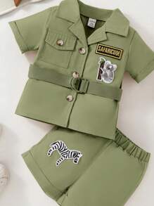 2 pezzi Set giacca e pantaloncini per bambini maschi, stile casual da esplorazione all'aperto con design a figura di animali, per primavera/estate - Verde militare - Visualizzare 4