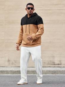 Manfinity Homme Plus Size Men's Autumn & Winter Colorblock Drawstring Hooded Sweatshirt With Pockets