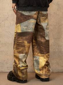 ROMWE MEN Grunge Punk Men's Contrast Color Loose Wide Leg Casual Jeans - Coffee Brown - View 3