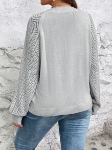 SHEIN LUNE 大码女式 V 领插肩袖镂空宽松休闲毛衣，秋季 - 灰色 - 查看 2