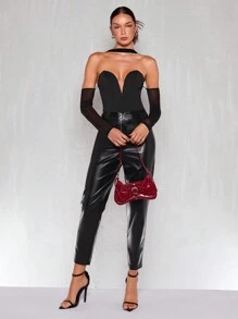 Glamine Women's Off Shoulder Mesh Splicing Long Sleeve Sexy Slim Bodysuit - Black - View 3