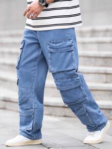 Manfinity Homme Men's Casual Loose Straight-Leg Multi-Pocket Pants - Medium Wash - View 3