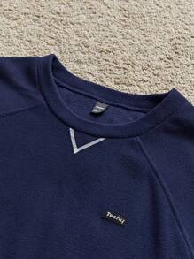 Manfinity VCAY 男士针织休闲宽松长袖运动衫圆领深蓝色字母运动衫，适合秋冬送给朋友、丈夫、男朋友的礼物 - 藏蓝色 - 查看 3