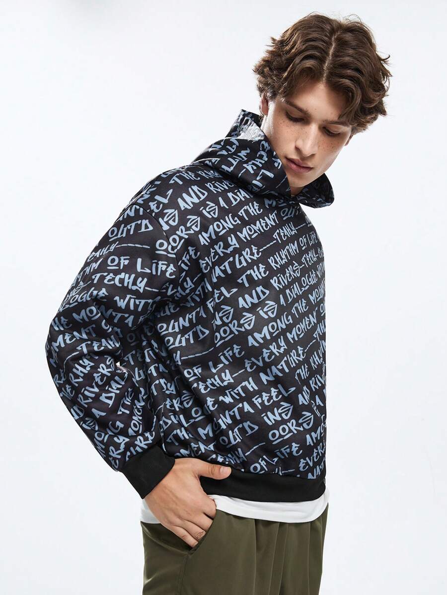 Manfinity VCAY 男士针织时尚休闲宽松图案印花抽绳连帽衫，适合秋冬 - 黑色 - 查看 1