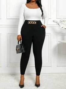 SHEIN Lady Autumn And Winter Elegant Work Office Black Nitted Chain Long Plus Size Suit Pants Fall