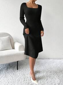 Chiquease Váy len dài tay cổ vuông màu đen trơn có gân - màu đen - Xem 7