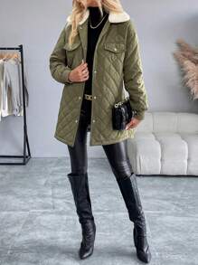 SHEIN LUNE 女士休闲拼色翻领落肩长袖加厚棉服外套，冬季服装 - 軍綠色 - 查看 5