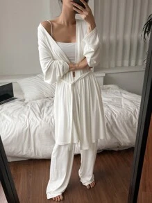 DAZY Minimalist Soft Loungewear Set: Straight Leg Pants & Belted Robe, Fall Winter Clothes Pajama - White - View 4