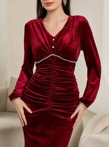 Modelyn Burgundy Red Women Elegant Daily V-Neck Pleated Waist Button Decorated Lantern Sleeve Mid-Length Dress, Autumn
