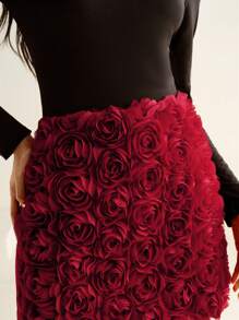 女士奢华 3D 玫瑰花朵装饰裙子 酒红色女装 - 酒紅色 - 查看 3
