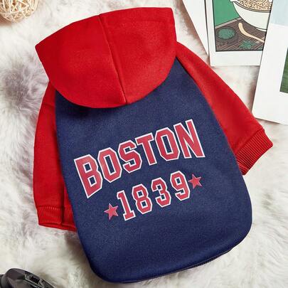 PETSIN 1pc Pet Dog Hoodie Sweatshirt In Vintage Boston 1839 Letter Print, Contrast Color Block Design