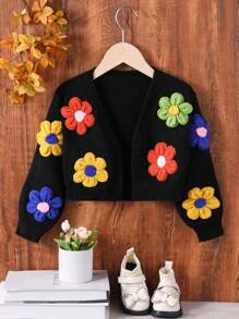 SHEIN Áo len cardigan ngắn tay dài họa tiết hoa cho bé gái, thu đông - màu đen - Xem 1