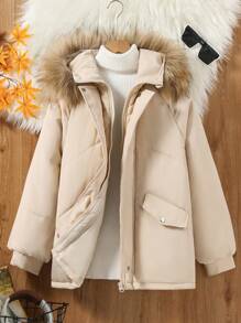 Teen Girl Hooded Fluffy Collar Casual Padded Padded Coat, Winter - Beige - View 6