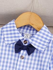 SHEIN 4 件套男婴幼儿正式服装套装：经典格子衬衫 + 吊带 + 裤子 + 领结，适合生日和正式活动等场合 - 藍色 - 查看 5