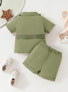 2 pezzi Set giacca e pantaloncini per bambini maschi, stile casual da esplorazione all'aperto con design a figura di animali, per primavera/estate - Verde militare - Visualizzare 2