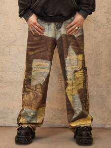ROMWE MEN Grunge Punk Men's Contrast Color Loose Wide Leg Casual Jeans - Coffee Brown - View 6
