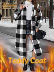 SHEIN LUNE Plus Size Teddy Plaid Print Button Front Long Sleeve Coat, Autumn/Winter Winter Clothes Thermal Hoodies - Black and White - View 7