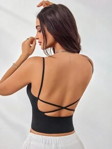 Women's Black Fabric Plain Crop Bralette Medium Stretch Casual Comfy Backless Tank Top - Black - View 2