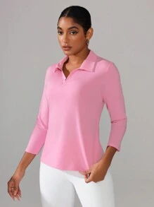 SHEIN Dewbera Polo da donna in colore unito con maniche a 3/4, casual, sportiva e da fitness - nero - Visualizzare 4