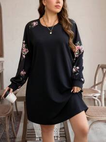 SHEIN LUNE Plus Size Women Floral Print Long Sleeve Knee-Length Loose Casual Dress For Autumn Holiday Outfit Holiday Party Dress Plus Dress