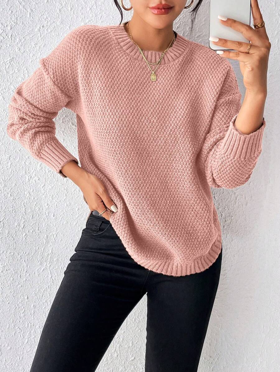 Chiquease 纯色圆领长袖简约套头毛衣，休闲日常穿着拉玫瑰优雅毛衣粉色毛衣女士