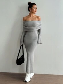 Flirla Seksowna, dopasowana, dzianinowa sukienka swetrowa z odkrytymi ramionami i rozcięciem na dole, jesień/zima