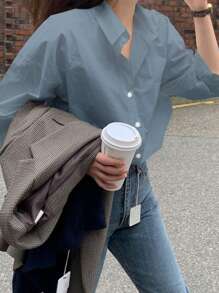 DAZY Áo sơ mi cài nút dáng rộng thoải mái cho nữ có túi phía trước, màu trơn - Màu xanh ngọc - Xem 3