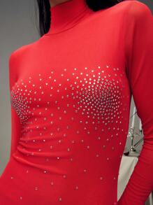 SHEIN Unity Double Layered Mesh High Neck Rhinestone Detail Long Sleeve Mini Dress Fall Cloth For Women - Red - View 3