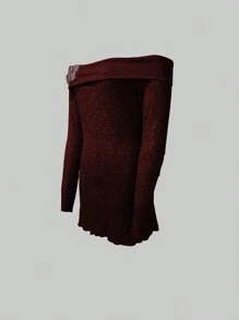 INAWLY 女士纯色露肩休闲长袖迷你连衣裙 - 酒紅色 - 查看 4