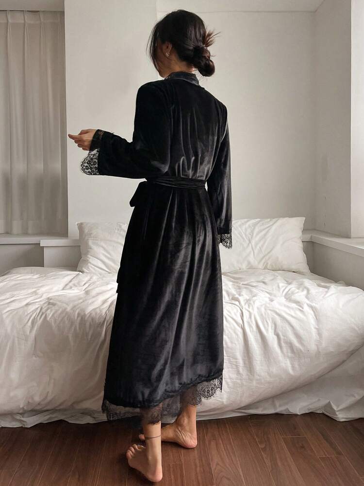 Women's Lace & Velvet Patchwork Loose Long Robe, Autumn/Winter, For Fall Pajama