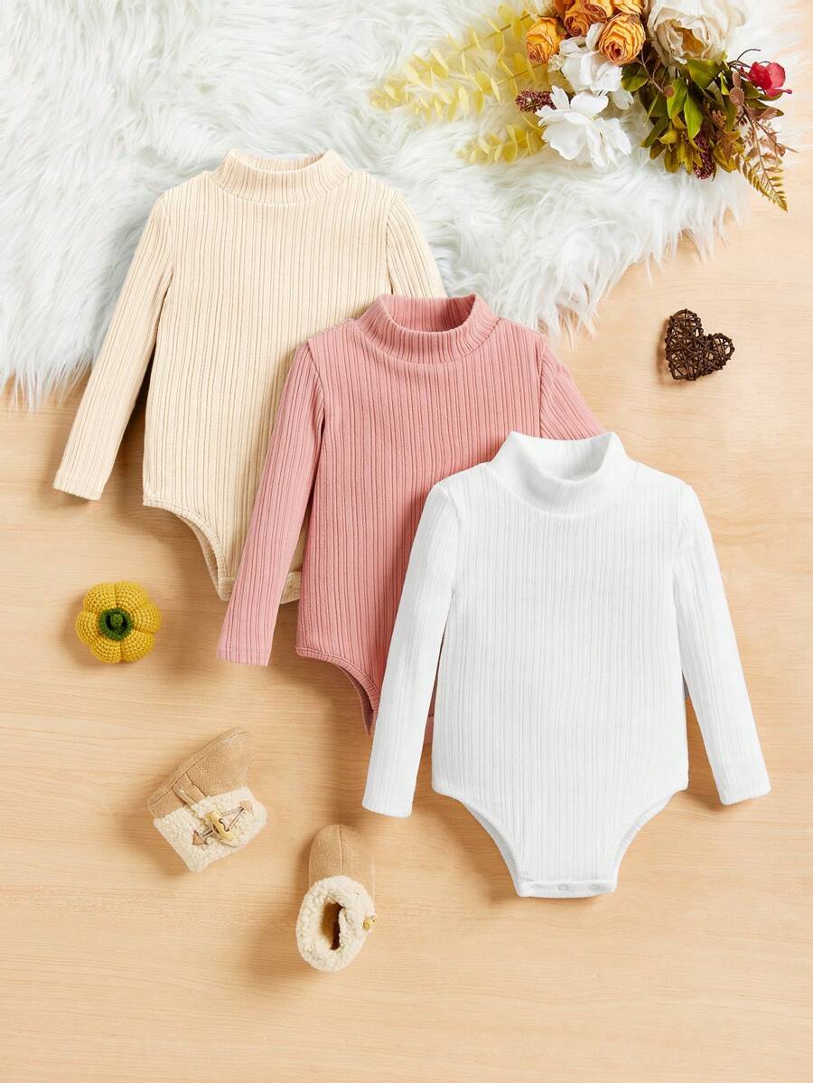 3件套新生女宝宝休闲舒适纯色翻领连体衣，秋冬季时尚套装 - 彩色 - 查看 1