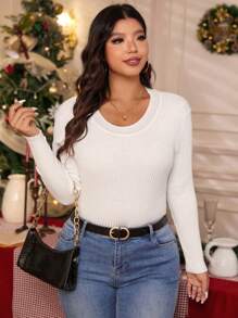 SHEIN LUNE Suéter de cuello redondo de manga larga, de punto, de unicolor, informal, para otoño e invierno, talla grande - Blanco - Ver 6