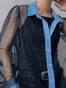 FRIFUL Women's Loose Fit Colorblock Puff Sleeve Shirt Sheer