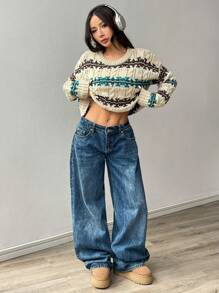 SHEIN Unity Suéter casual holgado de mujer con cuello redondo, mangas largas y hombros caídos, a rayas, de punto, para otoño e invierno - Multicolor - Ver 3